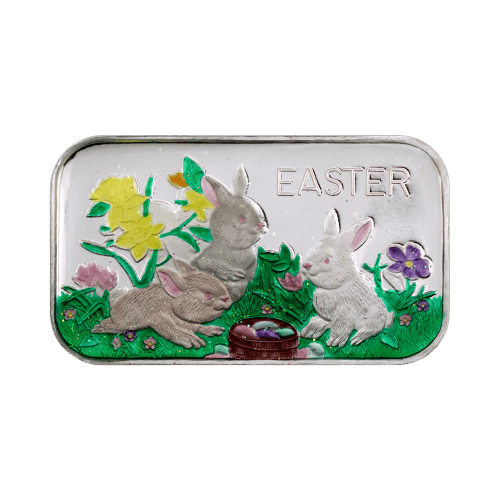 1 oz Colorized Gray Bunnies Easter Silver Bar | Silvertowne Mint
