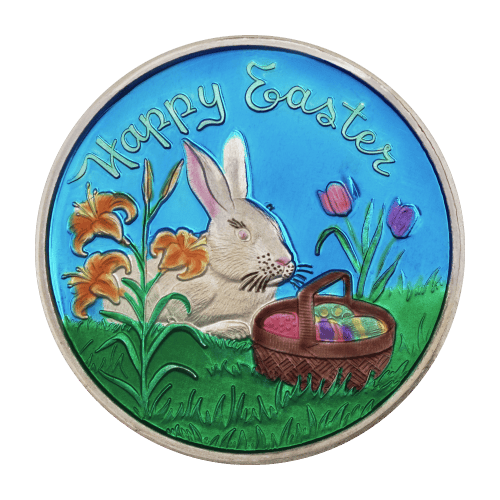 Ronde 1 once d'argent Lapin blanc, œufs et panier de Pâques colorés | Monnaie SilverTowne