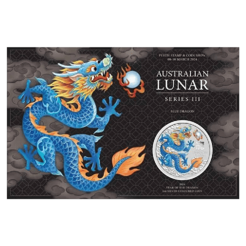 Pièce 1 once d'argent coloré Perth Stamp and Coin Show Spéciale Année lunaire du Dragon bleu 2024 dans une carte | Monnaie de Perth