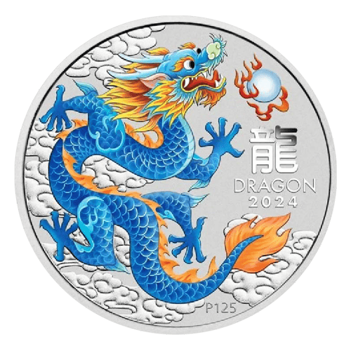 Pièce 1 once d'argent coloré Perth Stamp and Coin Show Spéciale Année lunaire du Dragon bleu 2024 dans une carte | Monnaie de Perth