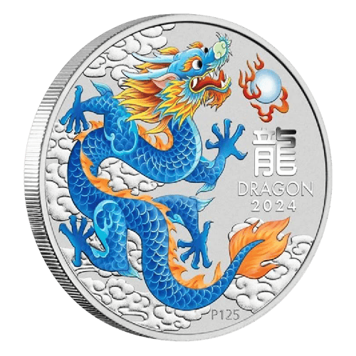 Pièce 1 once d'argent coloré Perth Stamp and Coin Show Spéciale Année lunaire du Dragon bleu 2024 dans une carte | Monnaie de Perth