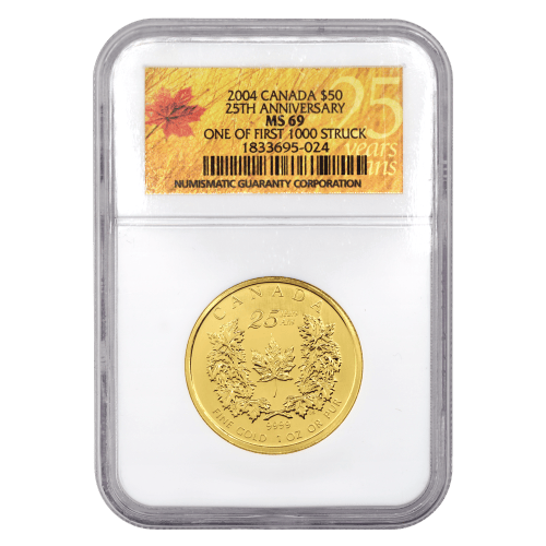 1 oz 2004 Canadian Maple Leaf 25th Anniversary NGC MS-69 First Strike Gold Coin | Royal Canadian Mint
