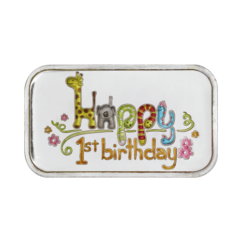 1 oz Happy First Birthday with Animals Colourized Silver Bar | Silvertowne Mint