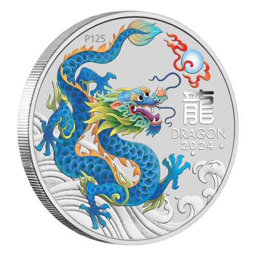 Pièce 1 once d'argent coloré Perth Money Expo Spéciale année lunaire du Dragon bleu 2024 dans une carte | Monnaie de Perth