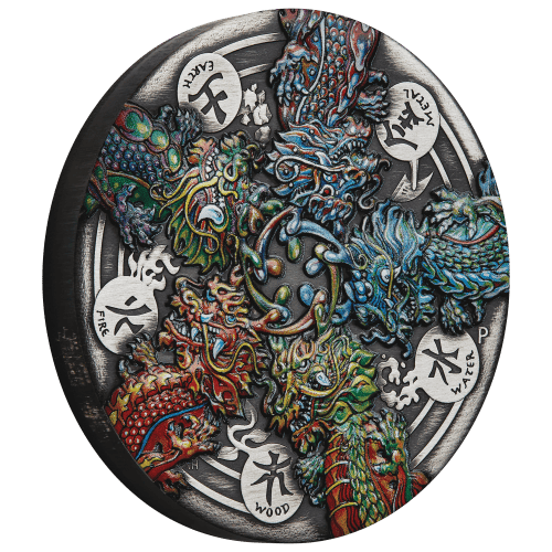 5 oz 2024 Dragon & The Five Elements Colourized Antiqued Silver