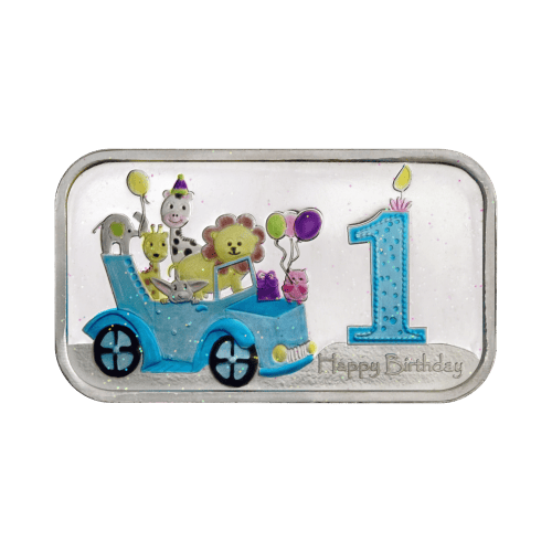 Lingot 1 once d'argent coloré Premier anniversaire de bébé avec animaux dans une voiture | Monnaie de SilverTowne