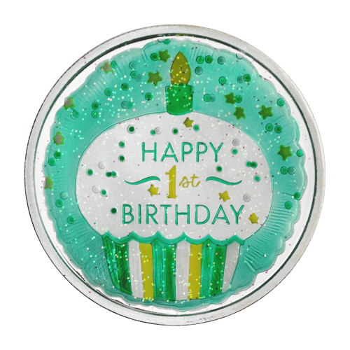 Ronde 1 once d'argent coloré Joyeux premier anniversaire avec cupcake | Monnaie de SilverTowne
