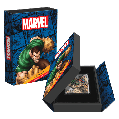 1 oz 2024 Spiderman Villains Series: Sandman Colourized Antiqued Silver Coin | Agoro by New Zealand Mint