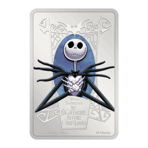 Pièce rectangulaire 1 once d'argent coloré L'Étrange Noël de monsieur Jack : Jack Skellington 2024 | Agoro par la Monnaie de Nouvelle-Zélande