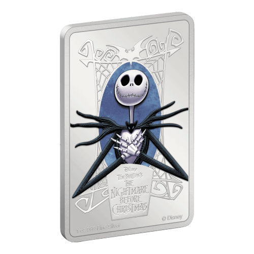 Pièce rectangulaire 1 once d'argent coloré L'Étrange Noël de monsieur Jack : Jack Skellington 2024 | Agoro par la Monnaie de Nouvelle-Zélande
