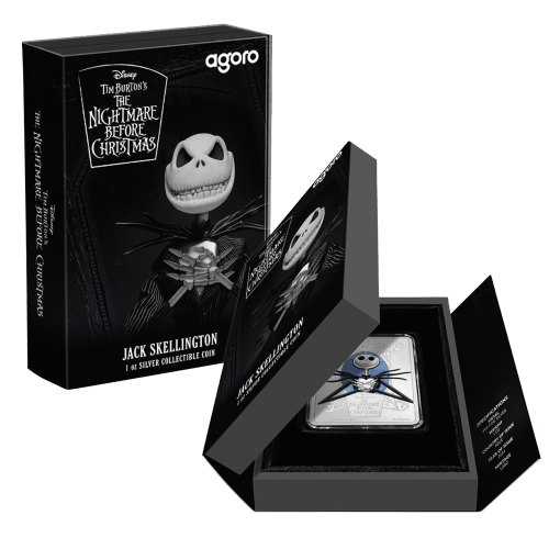 Pièce rectangulaire 1 once d'argent coloré L'Étrange Noël de monsieur Jack : Jack Skellington 2024 | Agoro par la Monnaie de Nouvelle-Zélande