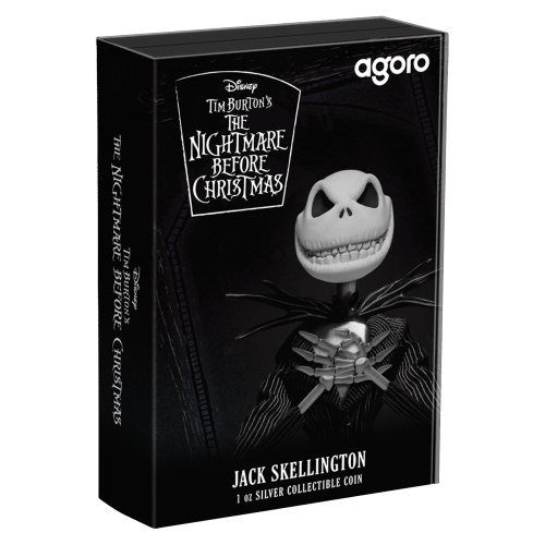 Pièce rectangulaire 1 once d'argent coloré L'Étrange Noël de monsieur Jack : Jack Skellington 2024 | Agoro par la Monnaie de Nouvelle-Zélande
