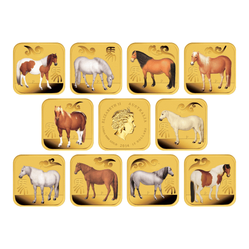 Set of 10 x 1/10 oz 2014 Lunar Year of the Horse Colourized Gold Coins | Perth Mint