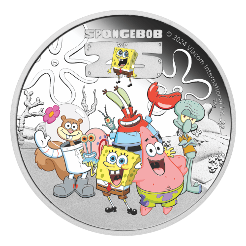 Pièce 1 once d'argent coloré Épreuve numismatique 25e anniversaire de Bob l'éponge : Bob l'éponge et ses amis 2024 | Monnaie de Perth