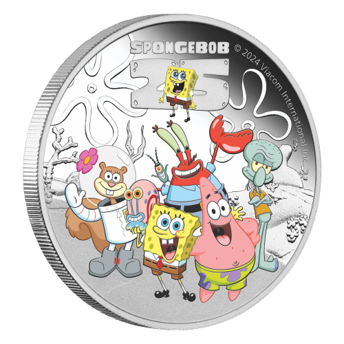 Pièce 1 once d'argent coloré Épreuve numismatique 25e anniversaire de Bob l'éponge : Bob l'éponge et ses amis 2024 | Monnaie de Perth