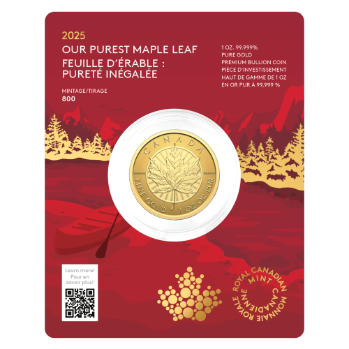 1 oz 2025 Purest Maple Leaf 99999 Fine Reverse Proof Gold Coin