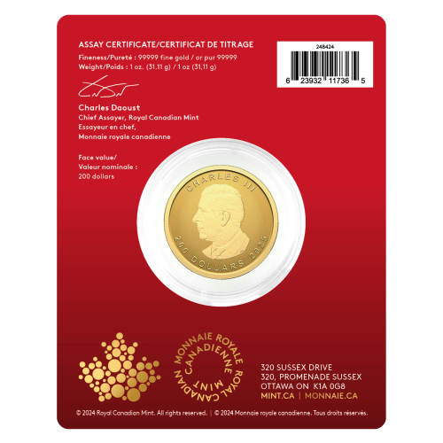 1 oz 2025 Purest Maple Leaf 99999 Fine Reverse Proof Gold Coin