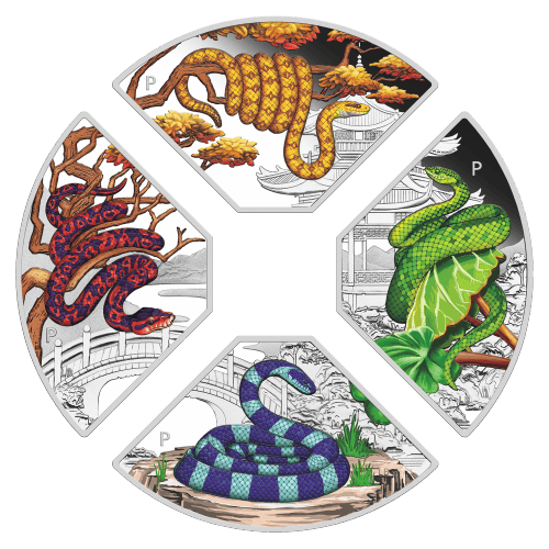 Set of 4 x 1 oz 2025 Lunar Year of the Snake Quadrant Colourized Proof Silver Coins | Perth Mint