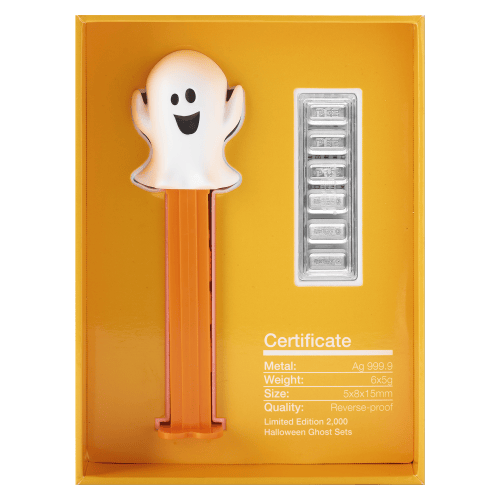 Set of 6 x 5 gram Halloween: Ghost PEZ Dispenser Silver Bars | PAMP Suisse