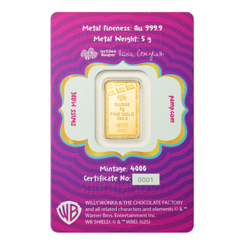 5 gram Willy Wonka and The Chocolate Factory: Wonka Bar Proof Gold Bar | PAMP Suisse