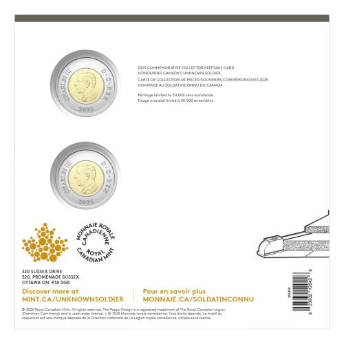 Set of 2 x 2025 Honouring Canada's Unknown Soldier $2 Coin Commemorative Card | Royal Canadian Mint