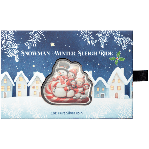 1 oz 2025 Snowman Sleigh Ride Colourized Shaped Silver Coin | PAMP