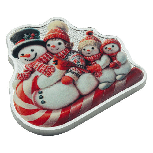 1 oz 2025 Snowman Sleigh Ride Colourized Shaped Silver Coin | PAMP