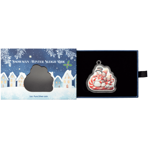 1 oz 2025 Snowman Sleigh Ride Colourized Shaped Silver Coin | PAMP Suisse