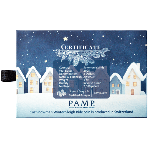 1 oz 2025 Snowman Sleigh Ride Colourized Shaped Silver Coin | PAMP Suisse