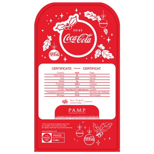 1 oz Holiday Coca-Cola Bottle Colourized Shaped Silver Coin | PAMP Suisse