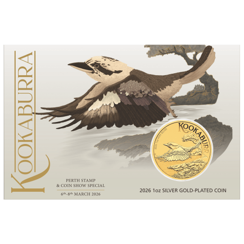 1 oz 2026 Perth Stamp and Coin Show Special: Australian Kookaburra Gold Plated Silver Coin in Card | Perth Mint