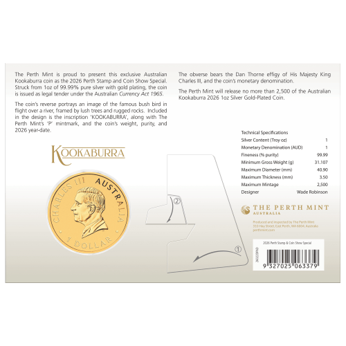 1 oz 2026 Perth Stamp and Coin Show Special: Australian Kookaburra Gold Plated Silver Coin in Card | Perth Mint