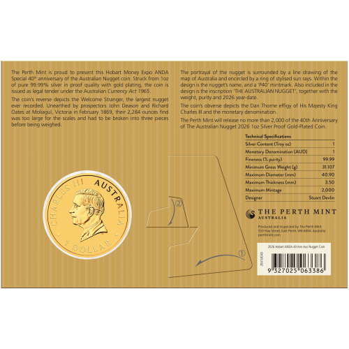 1 oz Hobart Money Expo ANDA Show: Australian Nugget Gold Plated Proof Silver Coin | Perth Mint