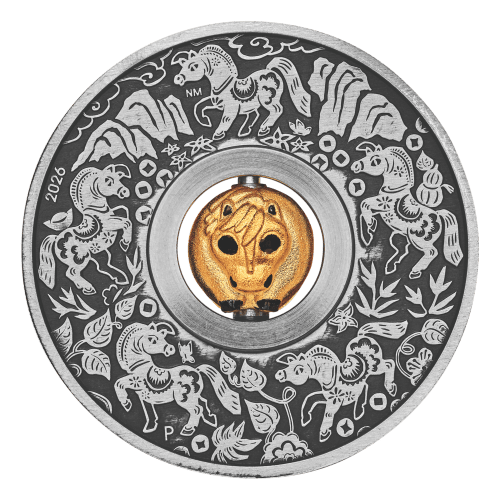 1 oz 2026 Lunar Year of the Horse Rotating Charm Antiqued Silver Coin | Perth Mint
