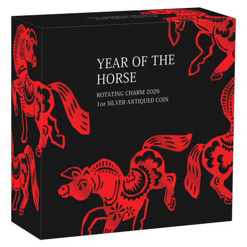1 oz 2026 Lunar Year of the Horse Rotating Charm Antiqued Silver Coin | Perth Mint