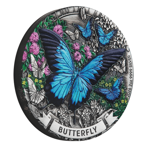 2 oz 2026 Butterfly Colourized Antiqued Silver Coin | Perth Mint