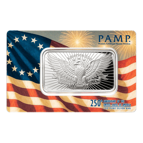 1 oz 250th Anniversary of the United States: Heraldic Bald Eagle Silver Bar | PAMP Suisse