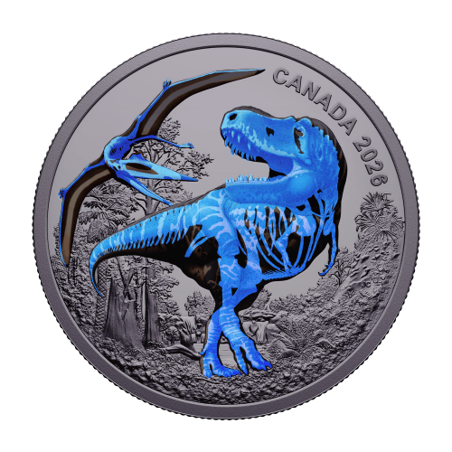 1 oz 2026 Blacklight Technology: T. Rex Colourized Proof Silver Coin | Royal Canadian Mint