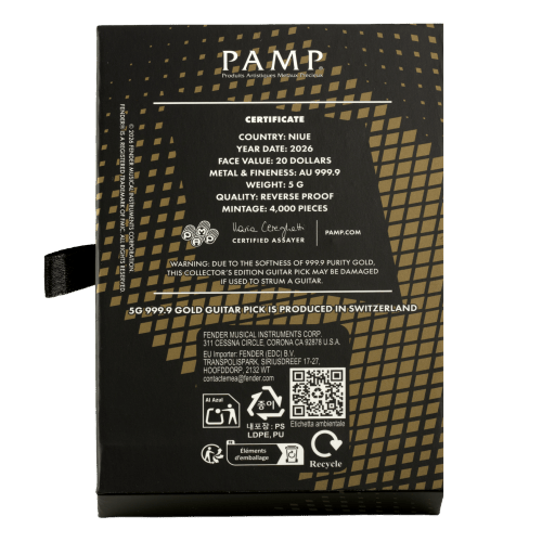 5 gram 2026 75th Anniversary Fender Telecaster Guitar Pick Shaped Gold Coin | PAMP Suisse