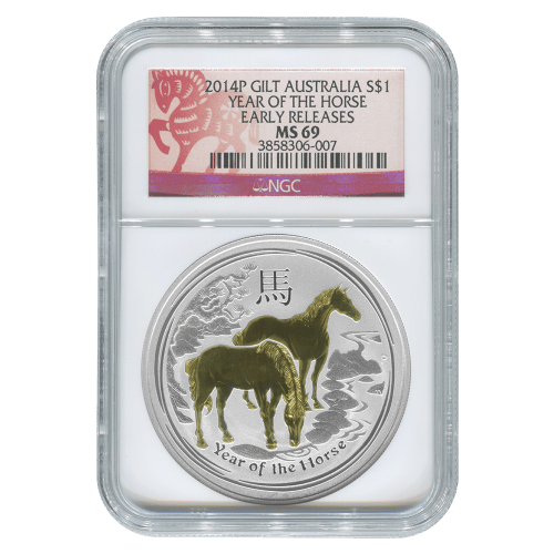1 oz 2014 Lunar Year of the Horse NGC MS-69 Gilded Silver Coin | Perth Mint
