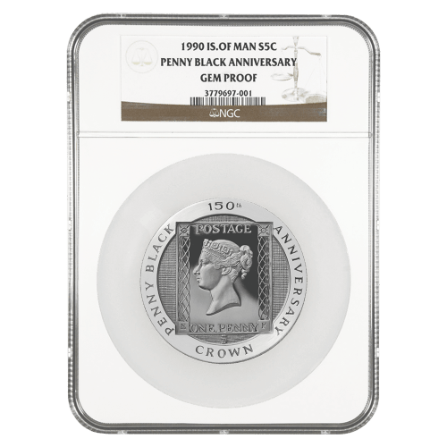 Pièce 5 onces d'argent « gem » épreuve numismatique Isle of Man Silver Penny Black NGC 1990