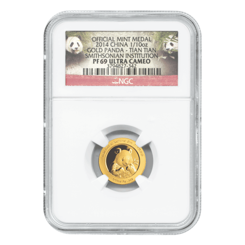 Set of 2 x 1/10 oz 2014 Chinese Panda Smithsonian Institute Proof NGC PF-69 Gold Coins