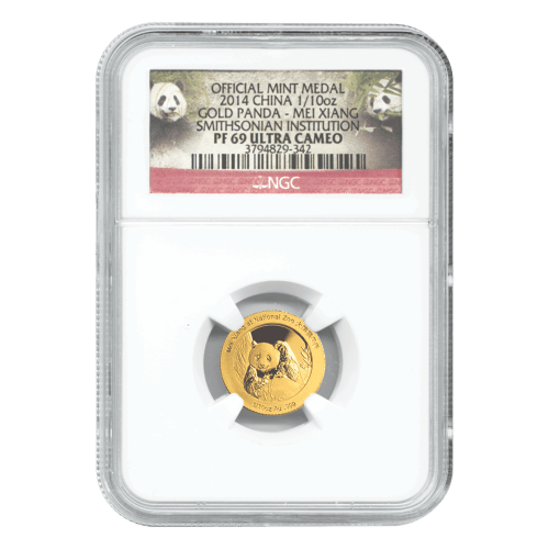 Set of 2 x 1/10 oz 2014 Chinese Panda Smithsonian Institute Proof NGC PF-69 Gold Coins