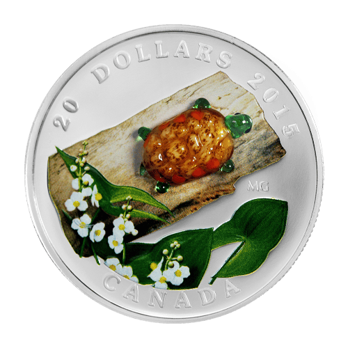 Pièce 1 once d'argent épreuve numismatique Tortue en verre vénitien avec fleur de sagittaire à larges feuilles 2015