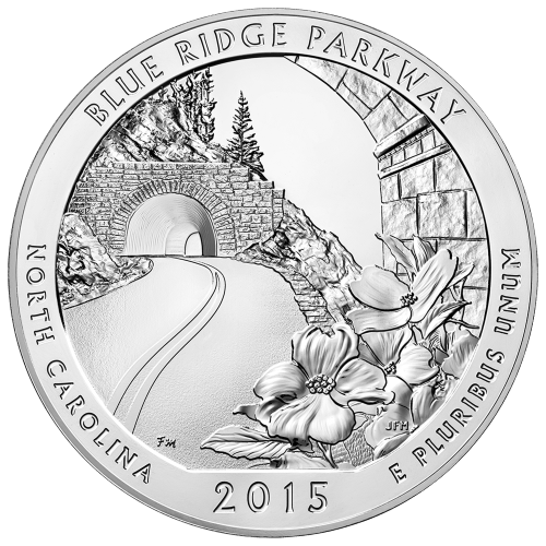 Pièce 5 onces d'argent Amérique la Belle Blue Ridge Parkway 2015
