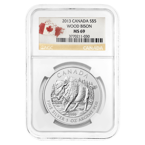 Pièce 1 once d'argent Bison des bois NGC MS-69 avec étiquette Canada 2013