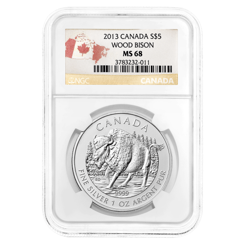 Pièce 1 once d'argent Bison des bois NGC MS-68 avec étiquette Canada 2013