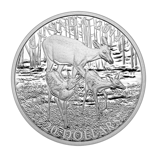 Pièce 1 once d'argent Épreuve numismatique Cerf de Virginie : Femelle et ses petits 2014