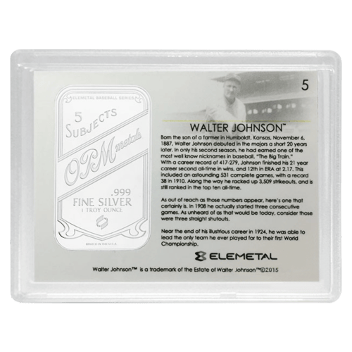 Lingot 1 once d'argent Série Baseball Greats Walter Johnson T-206 | Elemetal Mint