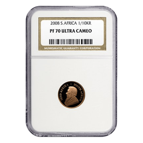 Pièce d'or Krugerrand ultra camée classée PF-70 par la NGC 2008 de 1/10 once